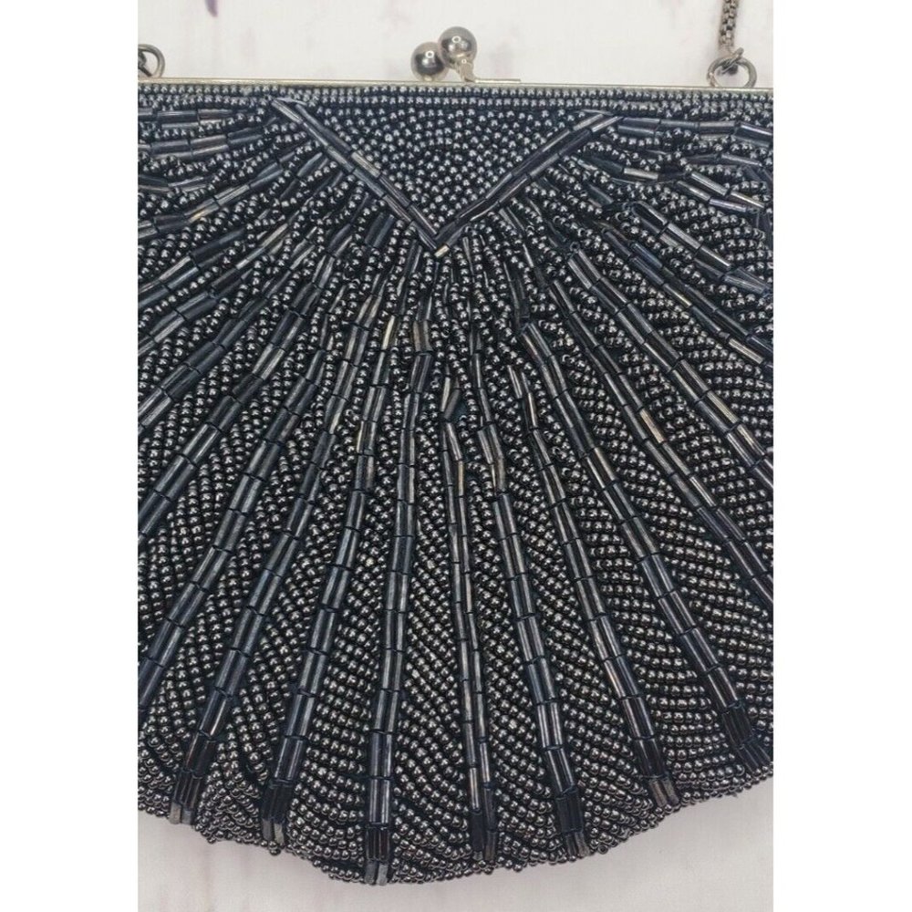 Vtg Dark Navy Seed Bead Clamshell Frame Purse Hong Kong Kiss Lock Satin Lined